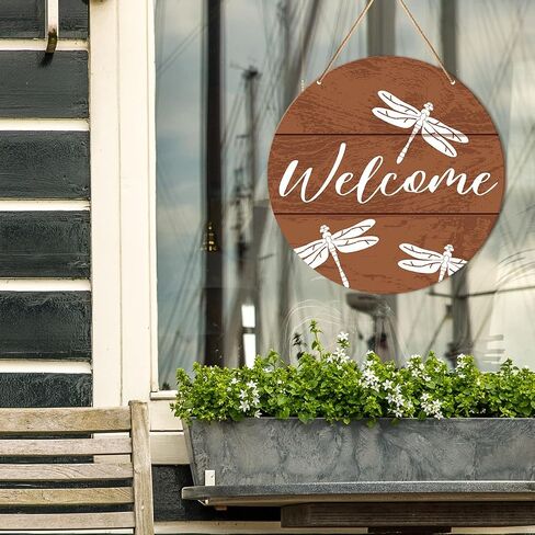 Muktoujaumai Welcome Sign Front Door Decor, Welcome Round Hanging Sign Decor Rustic Decorations Dragonfly Wall Wood Sign for Door, Porch, Home, Housewarming Gift for New House Friend Family in Saudi Arabia