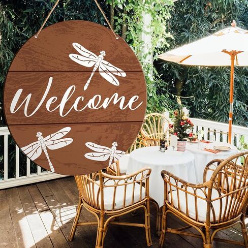 Muktoujaumai Welcome Sign Front Door Decor, Welcome Round Hanging Sign Decor Rustic Decorations Dragonfly Wall Wood Sign for Door, Porch, Home, Housewarming Gift for New House Friend Family in Saudi Arabia