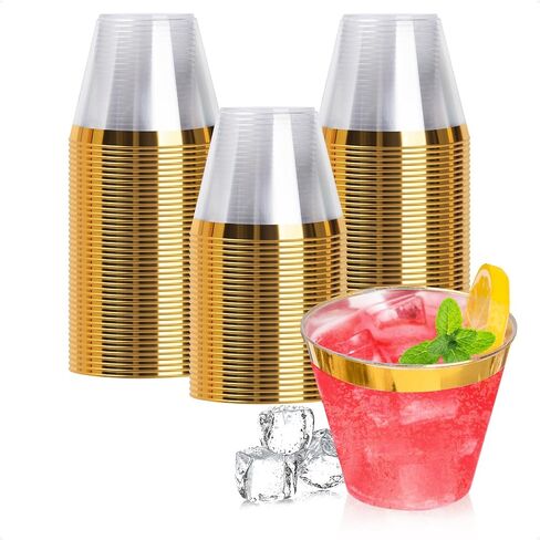 Goodluck 100PCS 9oz Gold Plastic Cups for Party, Disposable Gold Rim Cups, Plastic Cocktail Glasses for Wedding Thanksgiving, Christmas, and Parties in Saudi Arabia