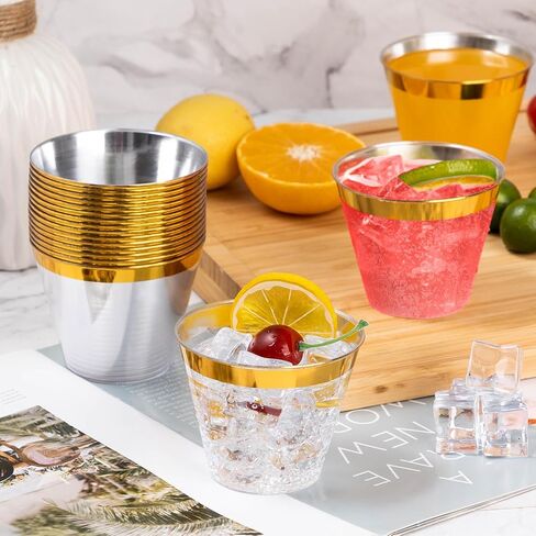 Goodluck 100PCS 9oz Gold Plastic Cups for Party, Disposable Gold Rim Cups, Plastic Cocktail Glasses for Wedding Thanksgiving, Christmas, and Parties in Saudi Arabia
