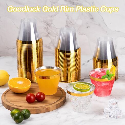 Goodluck 100PCS 9oz Gold Plastic Cups for Party, Disposable Gold Rim Cups, Plastic Cocktail Glasses for Wedding Thanksgiving, Christmas, and Parties in Saudi Arabia