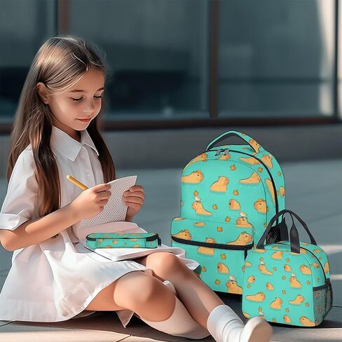 Capybara Kids Backpack with Lunch Box, Set of 3 School Backpacks Matching Combo, Cute Brown Bookbag and Pencil Case Bundle in Saudi Arabia