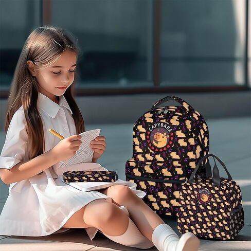 Capybara Kids Backpack with Lunch Box, Set of 3 School Backpacks Matching Combo, Cute Brown Bookbag and Pencil Case Bundle in Saudi Arabia