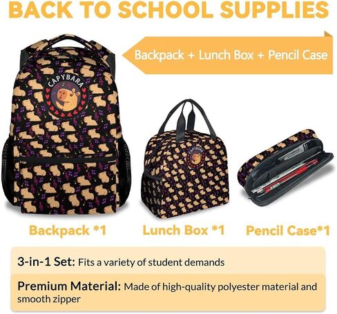 Capybara Kids Backpack with Lunch Box, Set of 3 School Backpacks Matching Combo, Cute Brown Bookbag and Pencil Case Bundle in Saudi Arabia