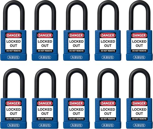 ABUS Blue Pack of 10 Lockout Tagout Premium Solid Body Safety Padlock Set - OSHA Compliant Loto Locks Insulated Against Electric Shock, Keyed Different, 1 Key Per Lock in Kuwait