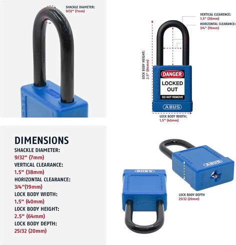 ABUS Blue Pack of 10 Lockout Tagout Premium Solid Body Safety Padlock Set - OSHA Compliant Loto Locks Insulated Against Electric Shock, Keyed Different, 1 Key Per Lock in Kuwait