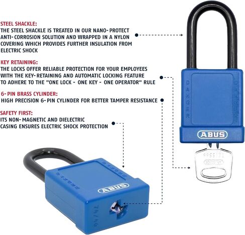 ABUS Blue Pack of 10 Lockout Tagout Premium Solid Body Safety Padlock Set - OSHA Compliant Loto Locks Insulated Against Electric Shock, Keyed Different, 1 Key Per Lock in Kuwait