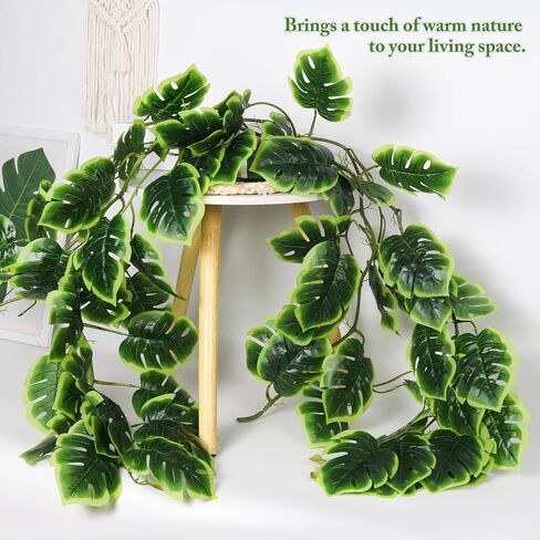 Monstera الاصطناعي يترك الكروم 2PCS، 5.6Ft فو الاستوائية النخيل الخضراء الغابة شنقا نبات الروطان مقاومة للأشعة فوق البنفسجية وهمية اللبلاب إكليل للداخلية في الهواء الطلق هاواي لوا الشاطئ حزب حديقة الفناء الديكور in Saudi Arabia