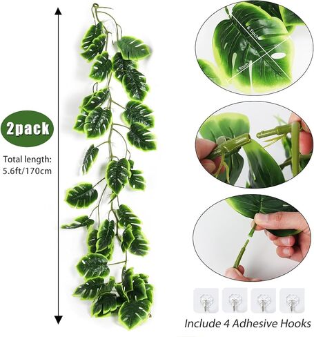 Monstera الاصطناعي يترك الكروم 2PCS، 5.6Ft فو الاستوائية النخيل الخضراء الغابة شنقا نبات الروطان مقاومة للأشعة فوق البنفسجية وهمية اللبلاب إكليل للداخلية في الهواء الطلق هاواي لوا الشاطئ حزب حديقة الفناء الديكور in Saudi Arabia