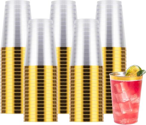 Goodluck 100PCS 9oz Gold Plastic Cups for Party, Disposable Gold Rim Cups, Plastic Cocktail Glasses for Wedding Thanksgiving, Christmas, and Parties in Saudi Arabia