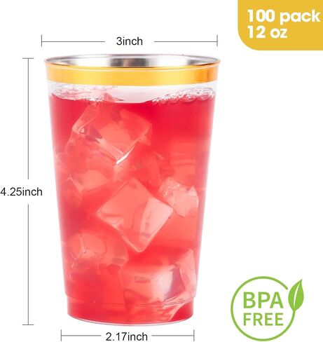 Goodluck 100PCS 9oz Gold Plastic Cups for Party, Disposable Gold Rim Cups, Plastic Cocktail Glasses for Wedding Thanksgiving, Christmas, and Parties in Saudi Arabia