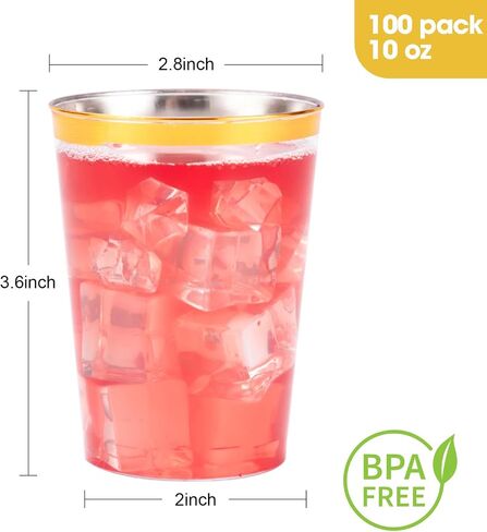 Goodluck 100PCS 9oz Gold Plastic Cups for Party, Disposable Gold Rim Cups, Plastic Cocktail Glasses for Wedding Thanksgiving, Christmas, and Parties in Saudi Arabia