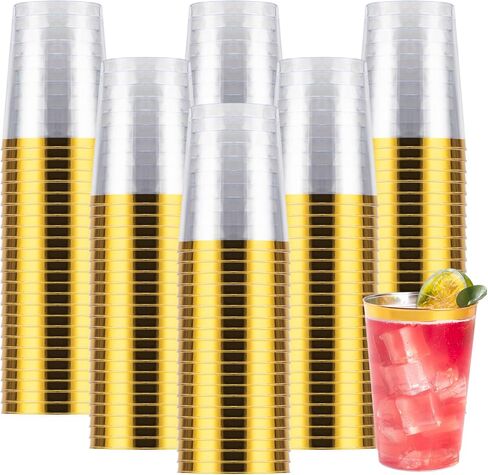Goodluck 100PCS 9oz Gold Plastic Cups for Party, Disposable Gold Rim Cups, Plastic Cocktail Glasses for Wedding Thanksgiving, Christmas, and Parties in Saudi Arabia