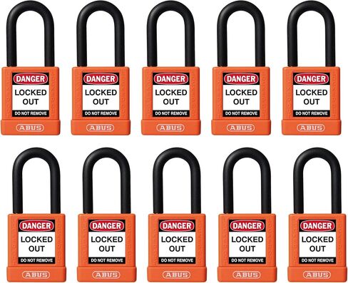 ABUS Blue Pack of 10 Lockout Tagout Premium Solid Body Safety Padlock Set - OSHA Compliant Loto Locks Insulated Against Electric Shock, Keyed Different, 1 Key Per Lock in Kuwait