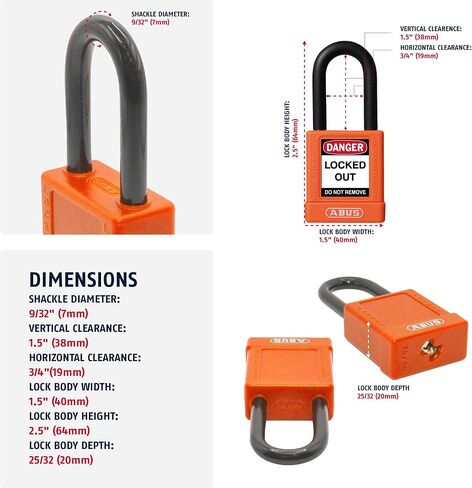 ABUS Blue Pack of 10 Lockout Tagout Premium Solid Body Safety Padlock Set - OSHA Compliant Loto Locks Insulated Against Electric Shock, Keyed Different, 1 Key Per Lock in Kuwait