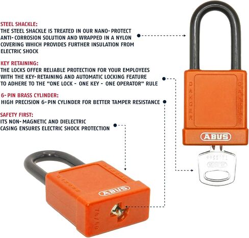 ABUS Blue Pack of 10 Lockout Tagout Premium Solid Body Safety Padlock Set - OSHA Compliant Loto Locks Insulated Against Electric Shock, Keyed Different, 1 Key Per Lock in Kuwait