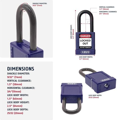 ABUS Blue Pack of 10 Lockout Tagout Premium Solid Body Safety Padlock Set - OSHA Compliant Loto Locks Insulated Against Electric Shock, Keyed Different, 1 Key Per Lock in Kuwait
