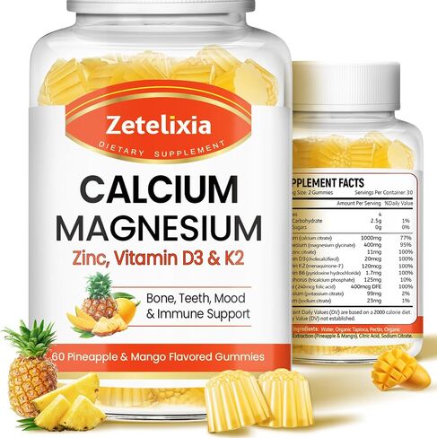 Calcium Gummies for Women Men, Calcium Magnesium Zinc with Vitamin D3 & K2, Calcium Magnesium Supplement for Bones Muscles and Joints, Pineapple & Mango Flavor - 120 Count in Kuwait