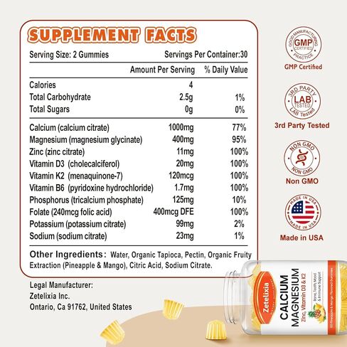 Calcium Gummies for Women Men, Calcium Magnesium Zinc with Vitamin D3 & K2, Calcium Magnesium Supplement for Bones Muscles and Joints, Pineapple & Mango Flavor - 120 Count in Kuwait