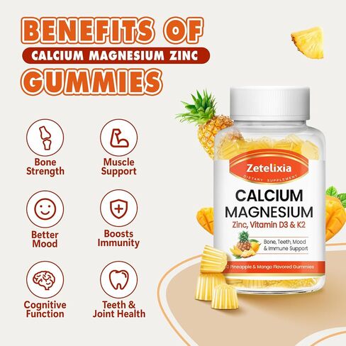 Calcium Gummies for Women Men, Calcium Magnesium Zinc with Vitamin D3 & K2, Calcium Magnesium Supplement for Bones Muscles and Joints, Pineapple & Mango Flavor - 120 Count in Kuwait
