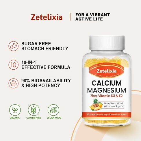 Calcium Gummies for Women Men, Calcium Magnesium Zinc with Vitamin D3 & K2, Calcium Magnesium Supplement for Bones Muscles and Joints, Pineapple & Mango Flavor - 120 Count in Kuwait