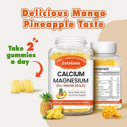 Calcium Gummies for Women Men, Calcium Magnesium Zinc with Vitamin D3 & K2, Calcium Magnesium Supplement for Bones Muscles and Joints, Pineapple & Mango Flavor - 120 Count in Kuwait