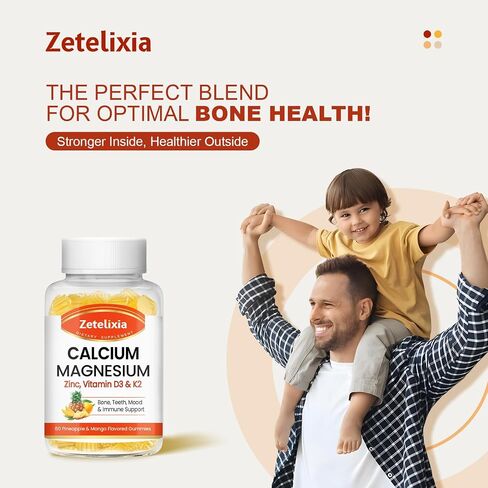 Calcium Gummies for Women Men, Calcium Magnesium Zinc with Vitamin D3 & K2, Calcium Magnesium Supplement for Bones Muscles and Joints, Pineapple & Mango Flavor - 120 Count in Kuwait