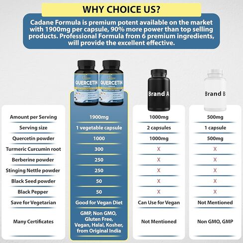 كادان عضوي، عبوتان من مكملات كيرسيتين تعادل 1900 ملغ، تكفي لمدة 4 أشهر مع الكركم، البربارين، نبات القراص، الحبة السوداء، الفلفل الأسود - يدعم صحة القلب والأوعية الدموية، والجهاز المناعي in Kuwait