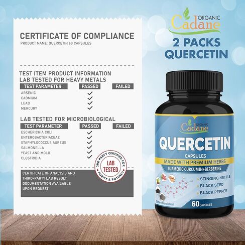 كادان عضوي، عبوتان من مكملات كيرسيتين تعادل 1900 ملغ، تكفي لمدة 4 أشهر مع الكركم، البربارين، نبات القراص، الحبة السوداء، الفلفل الأسود - يدعم صحة القلب والأوعية الدموية، والجهاز المناعي in Kuwait