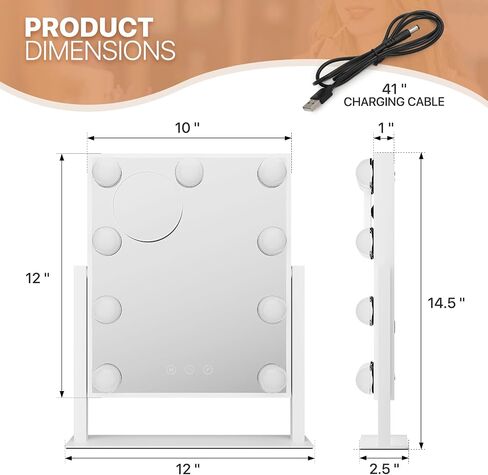 MoNiBloom Hollywood Vanity Mirror with Lights, 14.5"x12" Tabletop Mirror with 9 LED Dimmable Bulb 3 Color Adjustable, Smart Touch Sensor Plug-in Lighted Makeup Mirror with Detachable 10x Magnification in Saudi Arabia