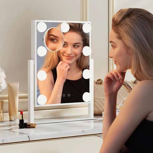 MoNiBloom Hollywood Vanity Mirror with Lights, 14.5"x12" Tabletop Mirror with 9 LED Dimmable Bulb 3 Color Adjustable, Smart Touch Sensor Plug-in Lighted Makeup Mirror with Detachable 10x Magnification in Saudi Arabia