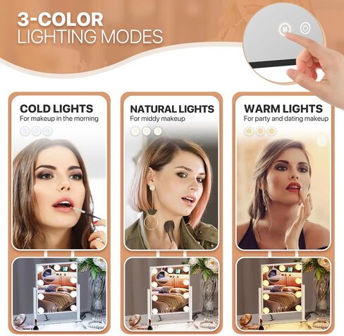 MoNiBloom Hollywood Vanity Mirror with Lights, 14.5"x12" Tabletop Mirror with 9 LED Dimmable Bulb 3 Color Adjustable, Smart Touch Sensor Plug-in Lighted Makeup Mirror with Detachable 10x Magnification in Saudi Arabia