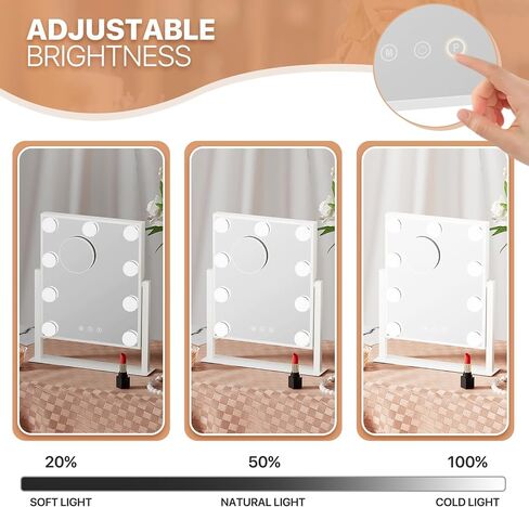 MoNiBloom Hollywood Vanity Mirror with Lights, 14.5"x12" Tabletop Mirror with 9 LED Dimmable Bulb 3 Color Adjustable, Smart Touch Sensor Plug-in Lighted Makeup Mirror with Detachable 10x Magnification in Saudi Arabia