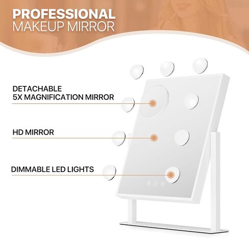 MoNiBloom Hollywood Vanity Mirror with Lights, 14.5"x12" Tabletop Mirror with 9 LED Dimmable Bulb 3 Color Adjustable, Smart Touch Sensor Plug-in Lighted Makeup Mirror with Detachable 10x Magnification in Saudi Arabia