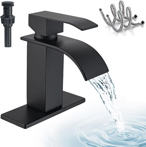 Waterfall Bathroom Faucet, Single Handle Waterfall Spout Faucet, 1 Hole Deck Mount Lavatory Vanity RV Sink Mixer Basin Tap with Cover Plate and Pop Up Drain Assembly, Matte Black in Saudi Arabia
