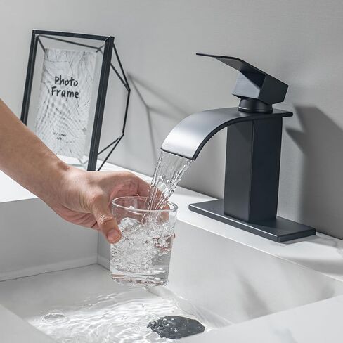 Waterfall Bathroom Faucet, Single Handle Waterfall Spout Faucet, 1 Hole Deck Mount Lavatory Vanity RV Sink Mixer Basin Tap with Cover Plate and Pop Up Drain Assembly, Matte Black in Saudi Arabia
