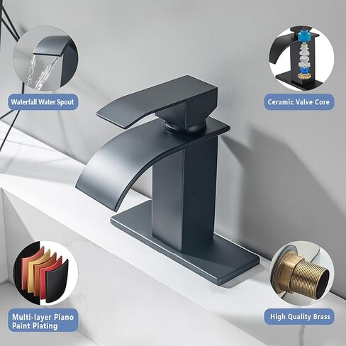 Waterfall Bathroom Faucet, Single Handle Waterfall Spout Faucet, 1 Hole Deck Mount Lavatory Vanity RV Sink Mixer Basin Tap with Cover Plate and Pop Up Drain Assembly, Matte Black in Saudi Arabia