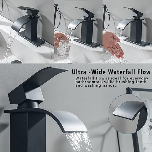 Waterfall Bathroom Faucet, Single Handle Waterfall Spout Faucet, 1 Hole Deck Mount Lavatory Vanity RV Sink Mixer Basin Tap with Cover Plate and Pop Up Drain Assembly, Matte Black in Saudi Arabia