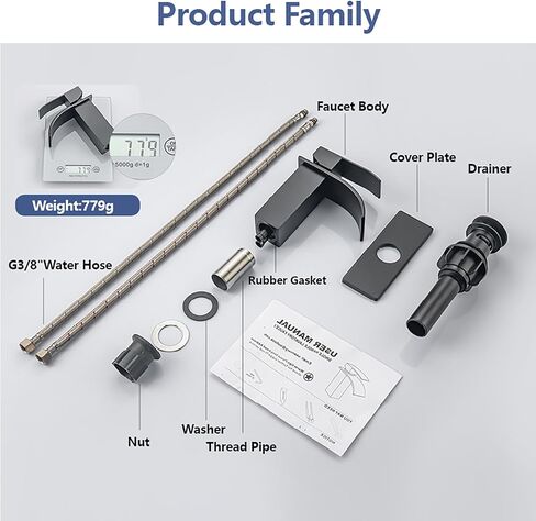 Waterfall Bathroom Faucet, Single Handle Waterfall Spout Faucet, 1 Hole Deck Mount Lavatory Vanity RV Sink Mixer Basin Tap with Cover Plate and Pop Up Drain Assembly, Matte Black in Saudi Arabia
