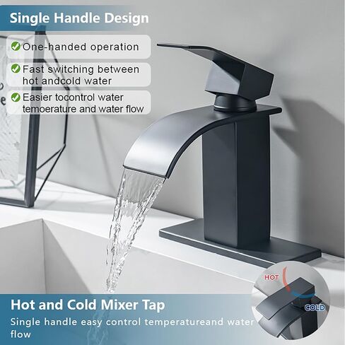 Waterfall Bathroom Faucet, Single Handle Waterfall Spout Faucet, 1 Hole Deck Mount Lavatory Vanity RV Sink Mixer Basin Tap with Cover Plate and Pop Up Drain Assembly, Matte Black in Saudi Arabia