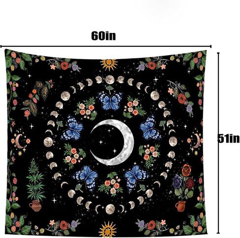 Avinyl Blue Butterfly Moon Wall Tapestry for Bedroom, Boho Botanical Floral Moth Moon Phase Tapestries, Bohemian Vintage Flower Tapestries Aesthetic for Living Room Office Dorm 51in X 60in in Saudi Arabia