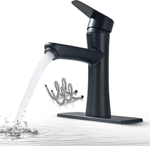Waterfall Bathroom Faucet, Single Handle Waterfall Spout Faucet, 1 Hole Deck Mount Lavatory Vanity RV Sink Mixer Basin Tap with Cover Plate and Pop Up Drain Assembly, Matte Black in Saudi Arabia