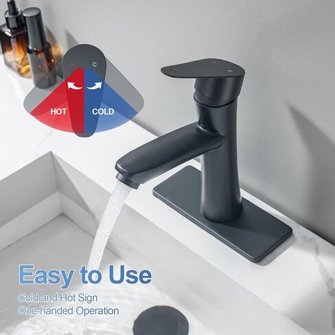 Waterfall Bathroom Faucet, Single Handle Waterfall Spout Faucet, 1 Hole Deck Mount Lavatory Vanity RV Sink Mixer Basin Tap with Cover Plate and Pop Up Drain Assembly, Matte Black in Saudi Arabia