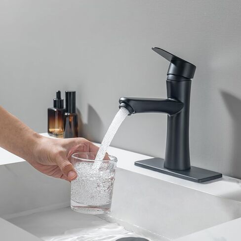 Waterfall Bathroom Faucet, Single Handle Waterfall Spout Faucet, 1 Hole Deck Mount Lavatory Vanity RV Sink Mixer Basin Tap with Cover Plate and Pop Up Drain Assembly, Matte Black in Saudi Arabia