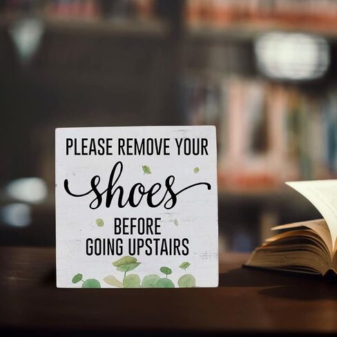 Funny Please Remove Your Shoes Before Going Upstairs Wooden Box Sign Rustic Farmhouse Wood Box Sign Art Home Office Living Room Shelf Desk Decoration 5 x 5 Inches Present in Saudi Arabia