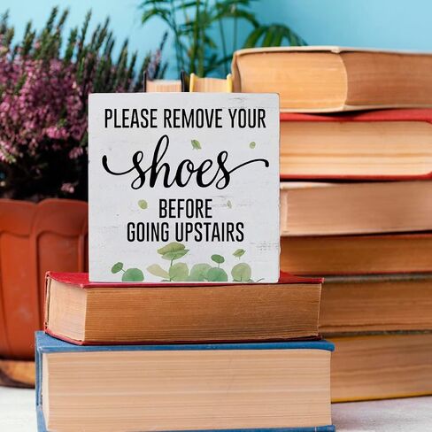 Funny Please Remove Your Shoes Before Going Upstairs Wooden Box Sign Rustic Farmhouse Wood Box Sign Art Home Office Living Room Shelf Desk Decoration 5 x 5 Inches Present in Saudi Arabia
