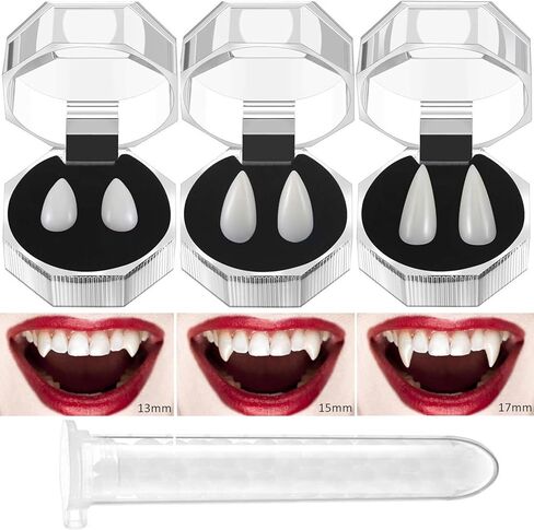 vovea أنياب أسنان مصاصي الدماء - أسنان وهمية للهالوين، أنياب مصاص دماء واقعية، إكسسوارات زي مصاصي الدماء للنساء والرجال في حفلات الهالوين، 3 أزواج 3 أحجام مع مادة لاصقة in Kuwait