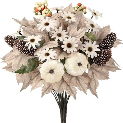Waipfaru Fall Decor, 4 Pcs Fall Artificial Flowers Bouquet Fall Floral Stems with Pumpkins Maple Leaves for DIY Autumn Wedding Thanksgiving Home Kitchen Table Decoration（Orange） in Saudi Arabia