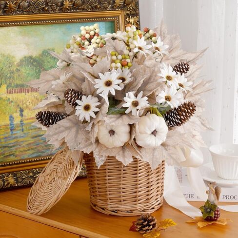 Waipfaru Fall Decor, 4 Pcs Fall Artificial Flowers Bouquet Fall Floral Stems with Pumpkins Maple Leaves for DIY Autumn Wedding Thanksgiving Home Kitchen Table Decoration（Orange） in Saudi Arabia