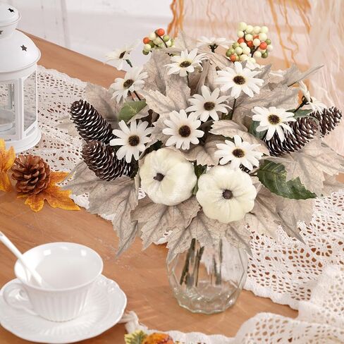 Waipfaru Fall Decor, 4 Pcs Fall Artificial Flowers Bouquet Fall Floral Stems with Pumpkins Maple Leaves for DIY Autumn Wedding Thanksgiving Home Kitchen Table Decoration（Orange） in Saudi Arabia